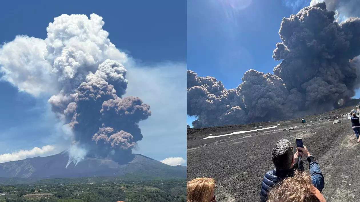 Vulcanul Etna, nor imens de cenușă vulcanică/ Oameni care fac poze norului de cenușă